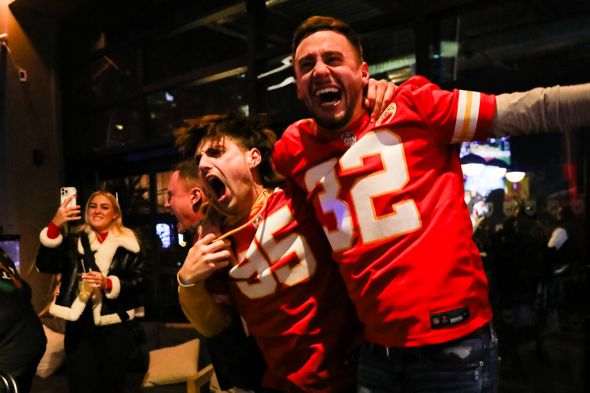 Kansas City Chief fans celebrate their team winning Super Bowl LVIII after a touchdown at BrewD ...