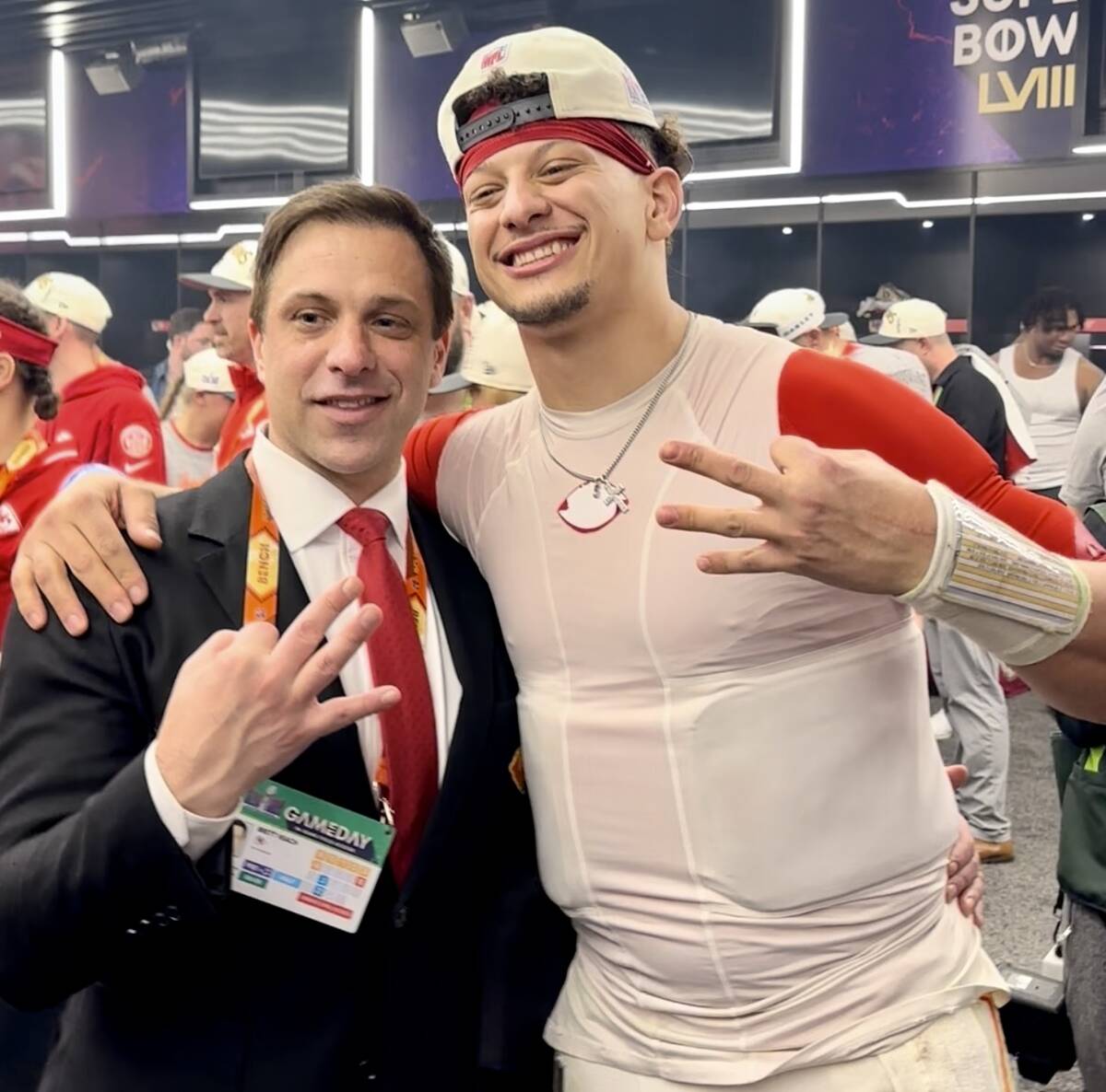 Kansas City Chiefs general manager Brett Veach poses with Chiefs quarterback Patrick Mahomes in ...