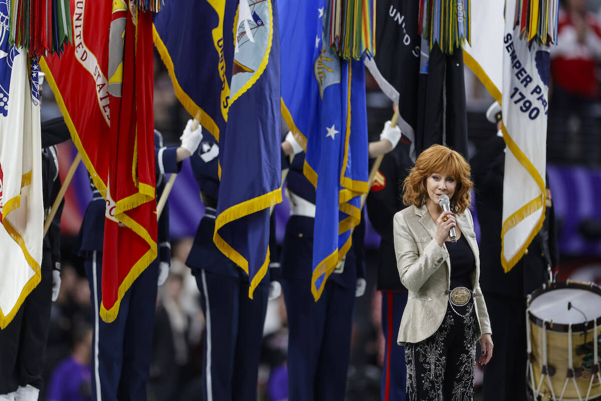 Reba McEntire performs before the start of Super Bowl 58 at Allegiant Stadium on Sunday, Feb. 1 ...