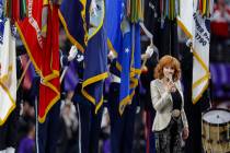 Reba McEntire performs before the start of Super Bowl 58 at Allegiant Stadium on Sunday, Feb. 1 ...