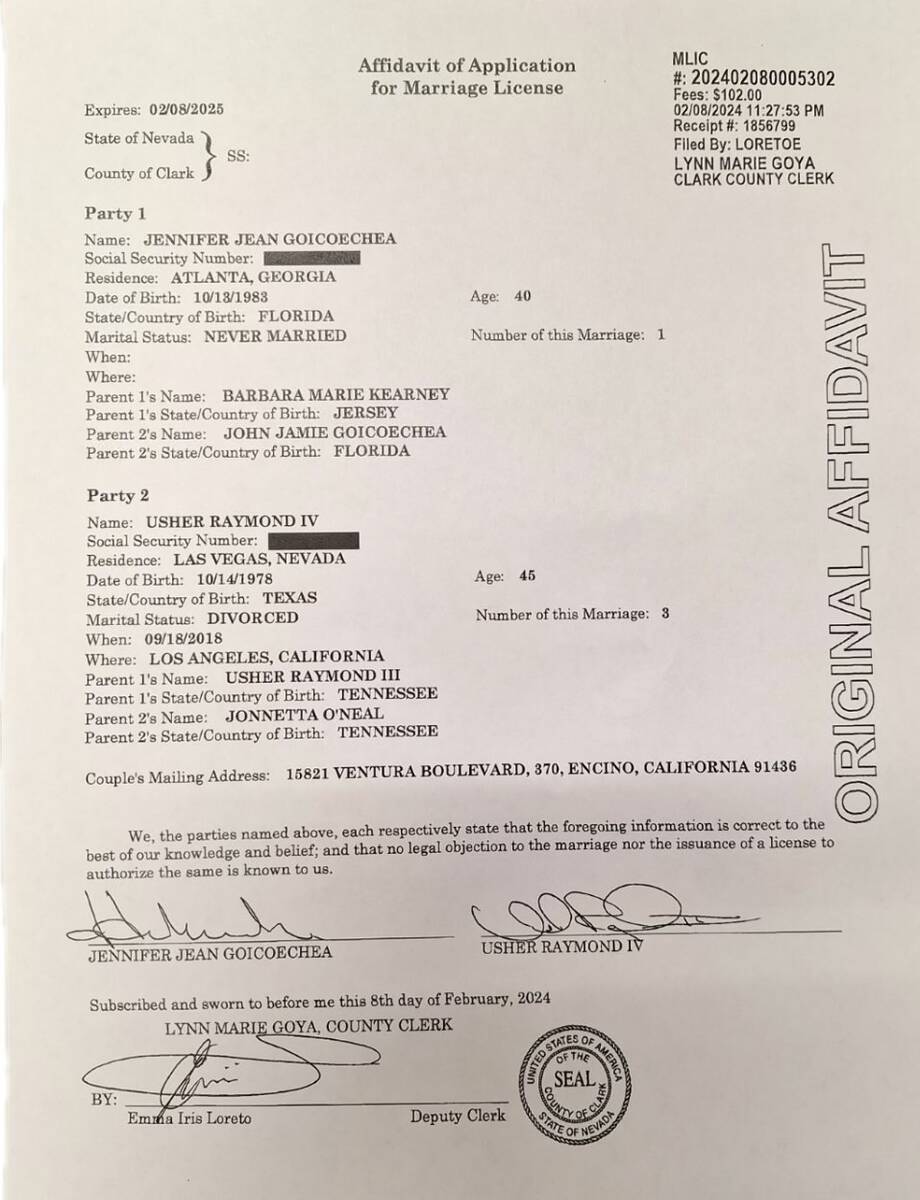 Clark County Marriage License Bureau's certificate for Usher and Jennifer Goicoechea, filed the ...