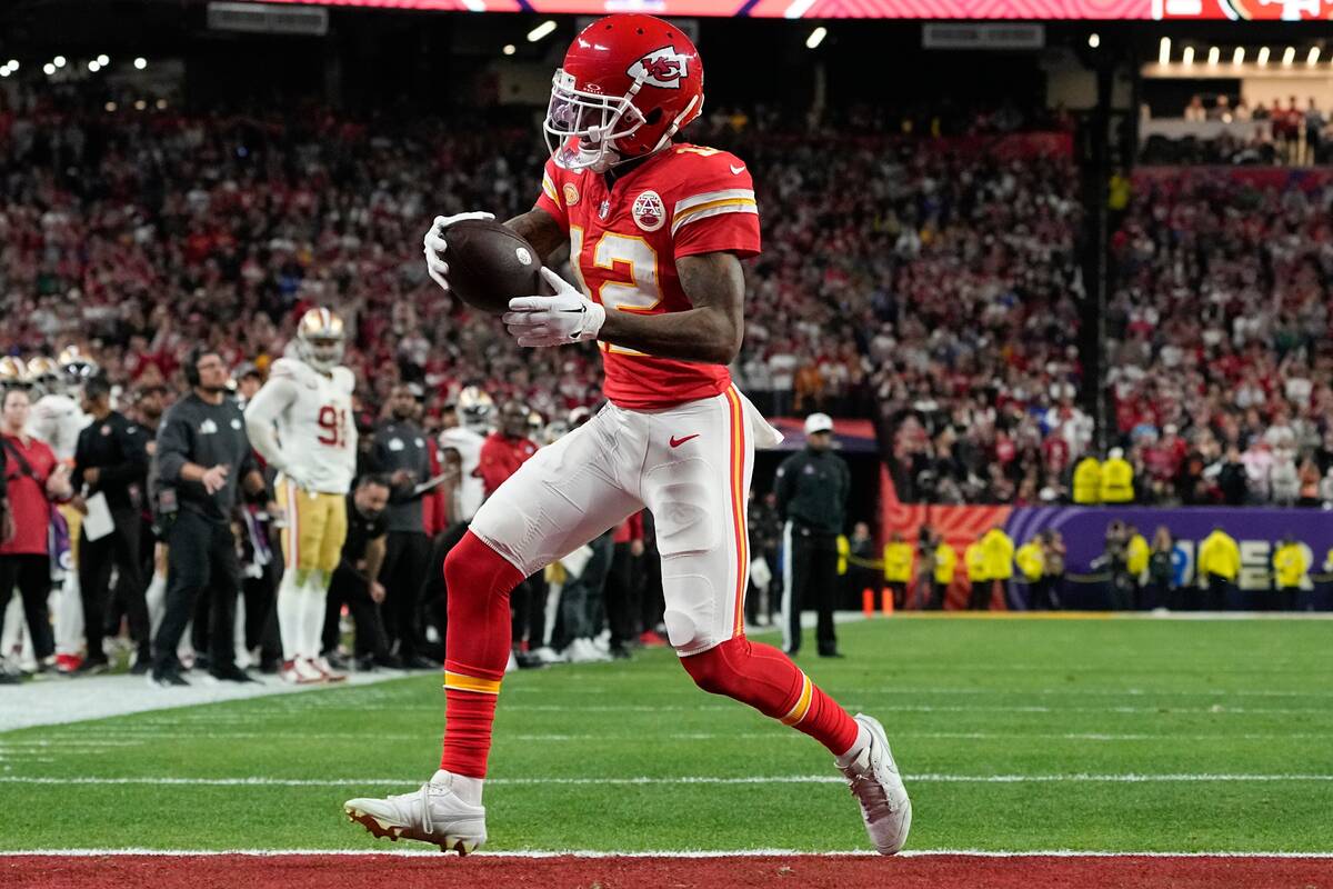 Kansas City Chiefs wide receiver Mecole Hardman Jr. (12) scores a touchdown against the San Fra ...