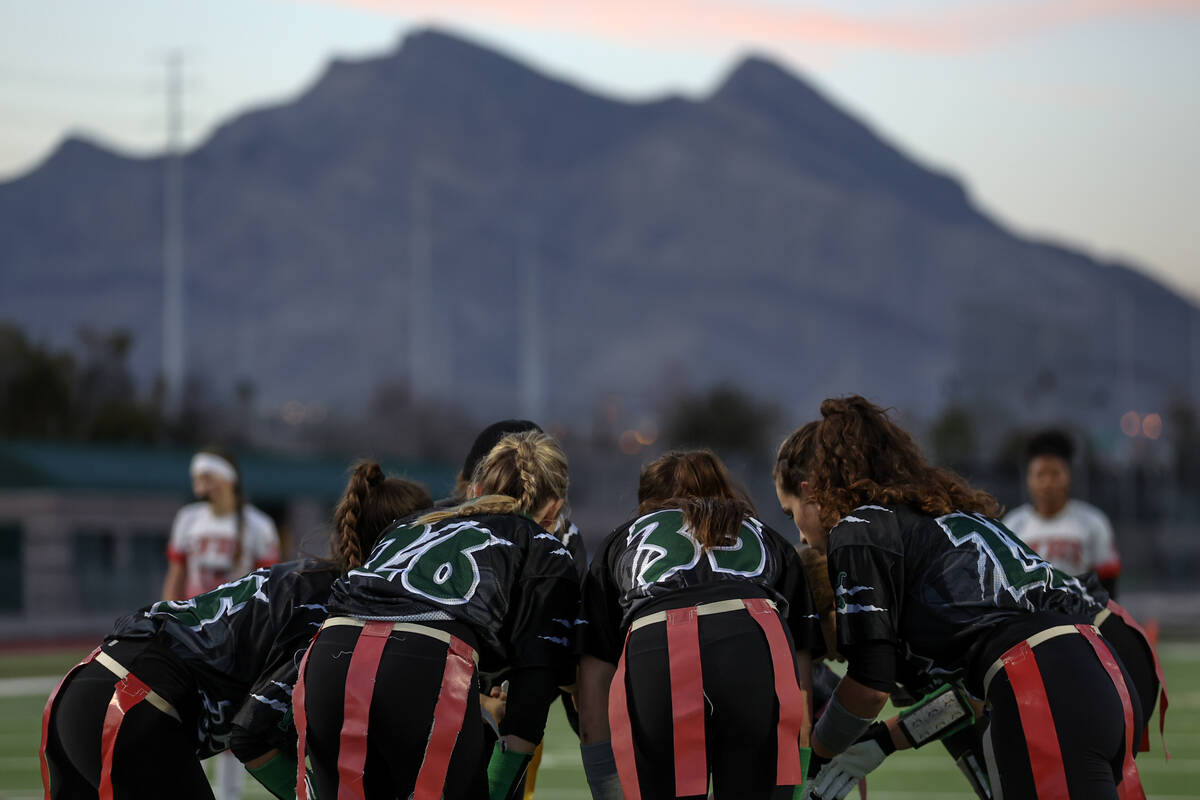 Palo Verde gathers before a play during a Class 5A state quarterfinal flag football playoff gam ...