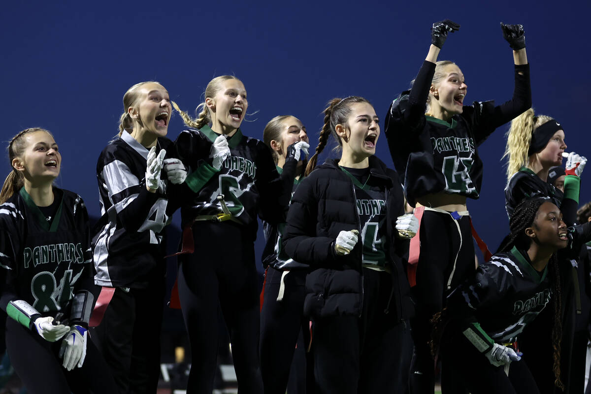 Palo Verde cheers for their team after a score during a Class 5A state quarterfinal flag footba ...