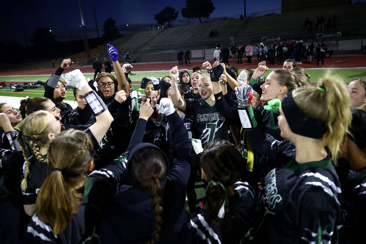 Palo Verde celebrates their win in a Class 5A state quarterfinal flag football playoff game aga ...