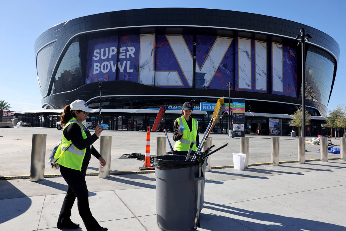 Crews tear down setups from the 2024 Super Bowl at Allegiant Stadium in Las Vegas on Tuesday, F ...