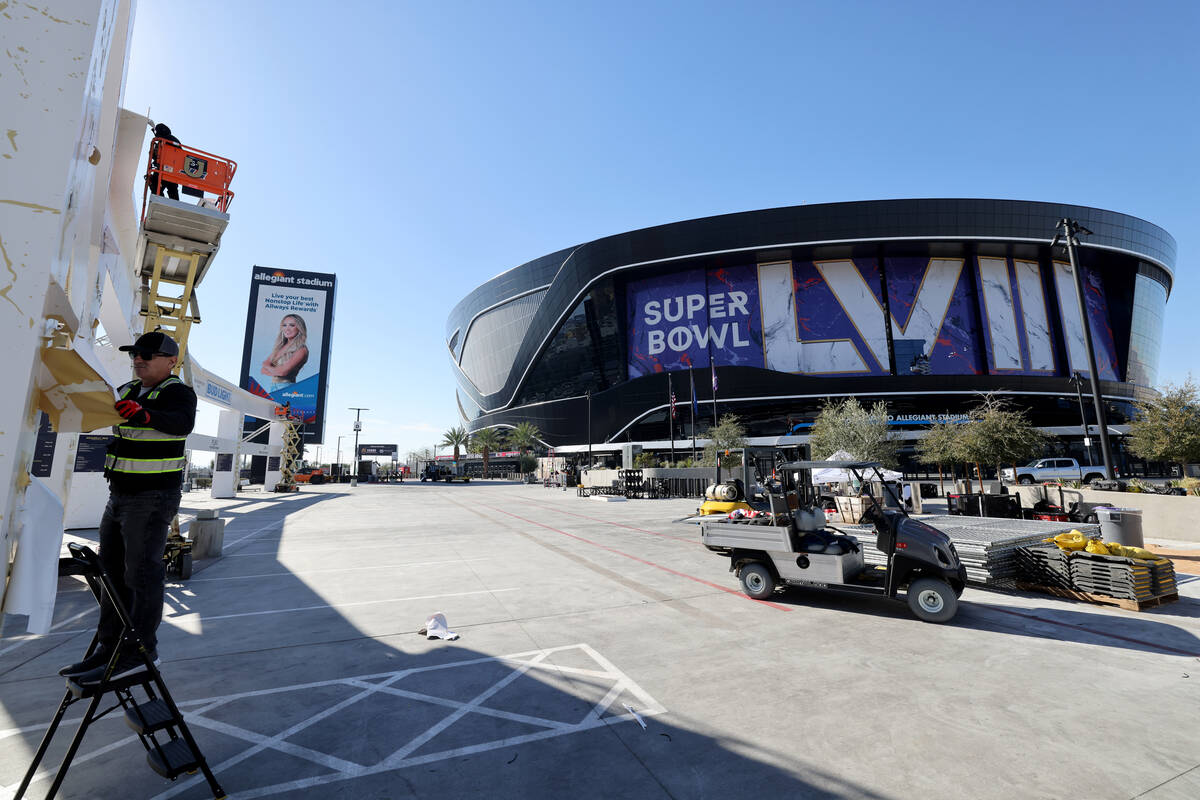 Crews tear down setups from the 2024 Super Bowl at Allegiant Stadium in Las Vegas on Tuesday, F ...