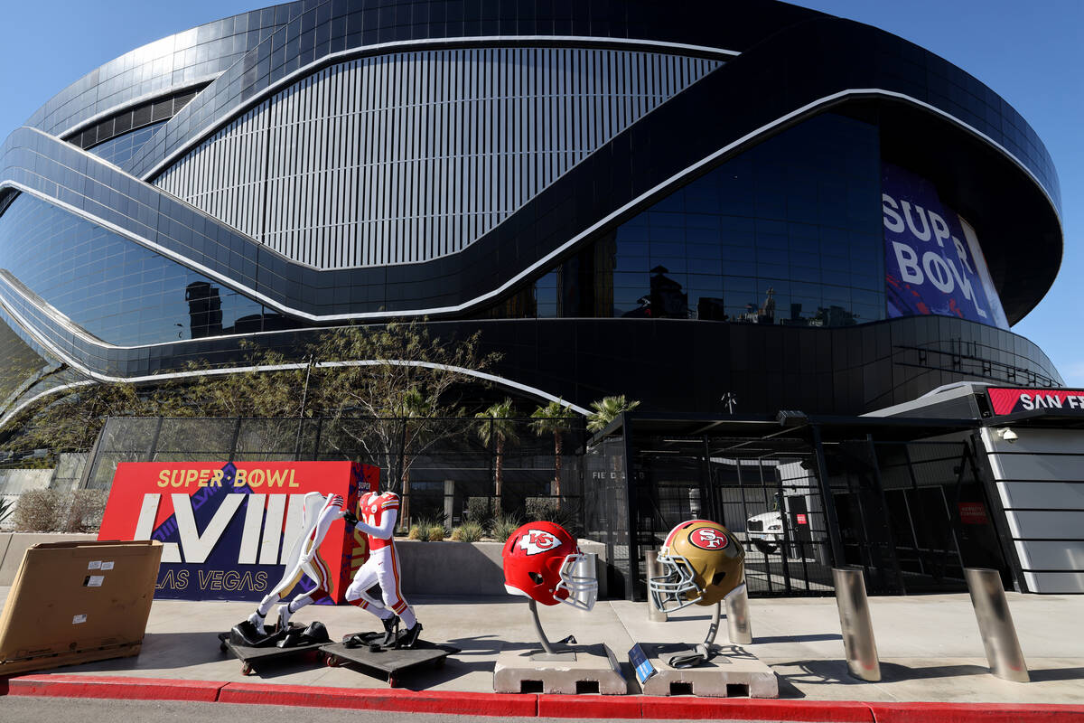 Crews tear down setups from the 2024 Super Bowl at Allegiant Stadium in Las Vegas on Tuesday, F ...