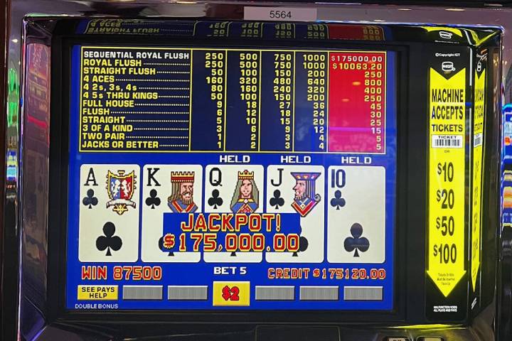 A player hit a sequential royal flush Monday, Feb, 19, 2024, at Sam’s Town in Las Vegas, good ...