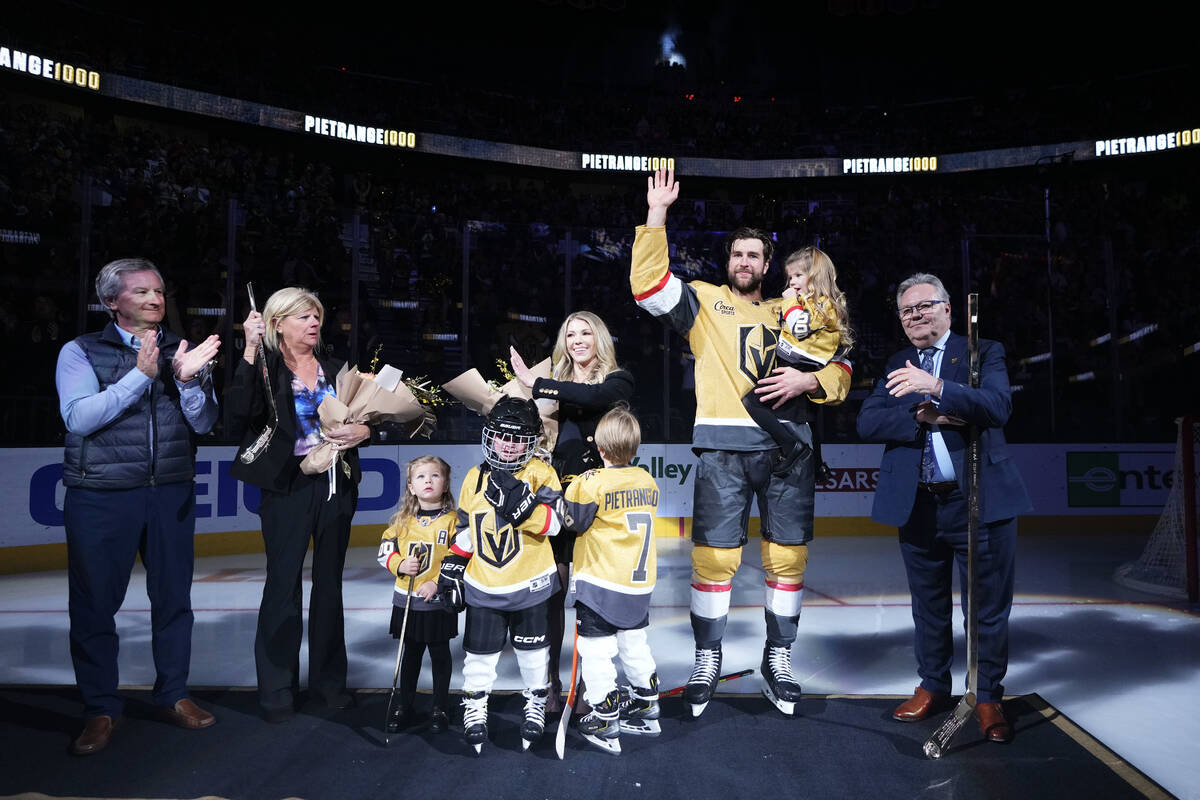 Vegas Golden Knights defenseman Alex Pietrangelo is joined by his family before being presented ...