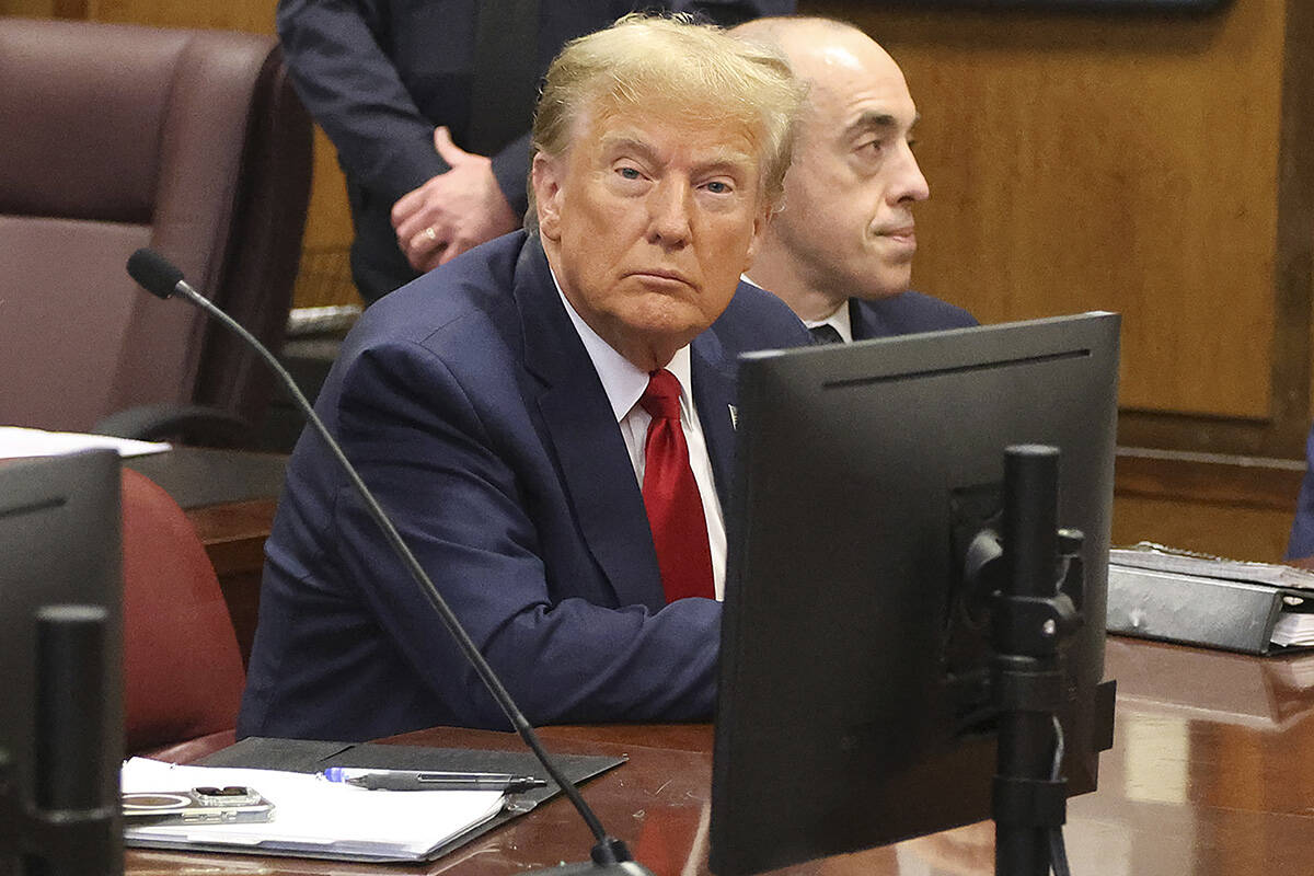 Donald Trump awaits the start of a hearing in New York City Criminal Court, Thursday, February ...