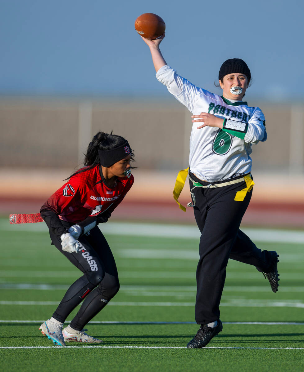 Palo Verde quarterback Jordan Katz (6) elevates for a pass over Desert Oasis defender Aniyah I' ...