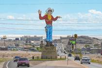 In a view looking east, Wendover Will welcomes visitors to Wendover, Nevada, July 11, 2006. (An ...