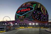 The Sphere welcomes Formula One fans before the third practice for the Las Vegas Grand Prix aut ...
