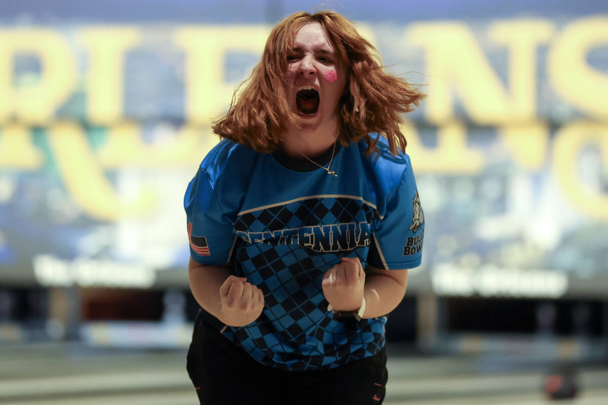 Centennial’s Sophie Wood celebrates a strike during the Class 5A bowling championship ag ...