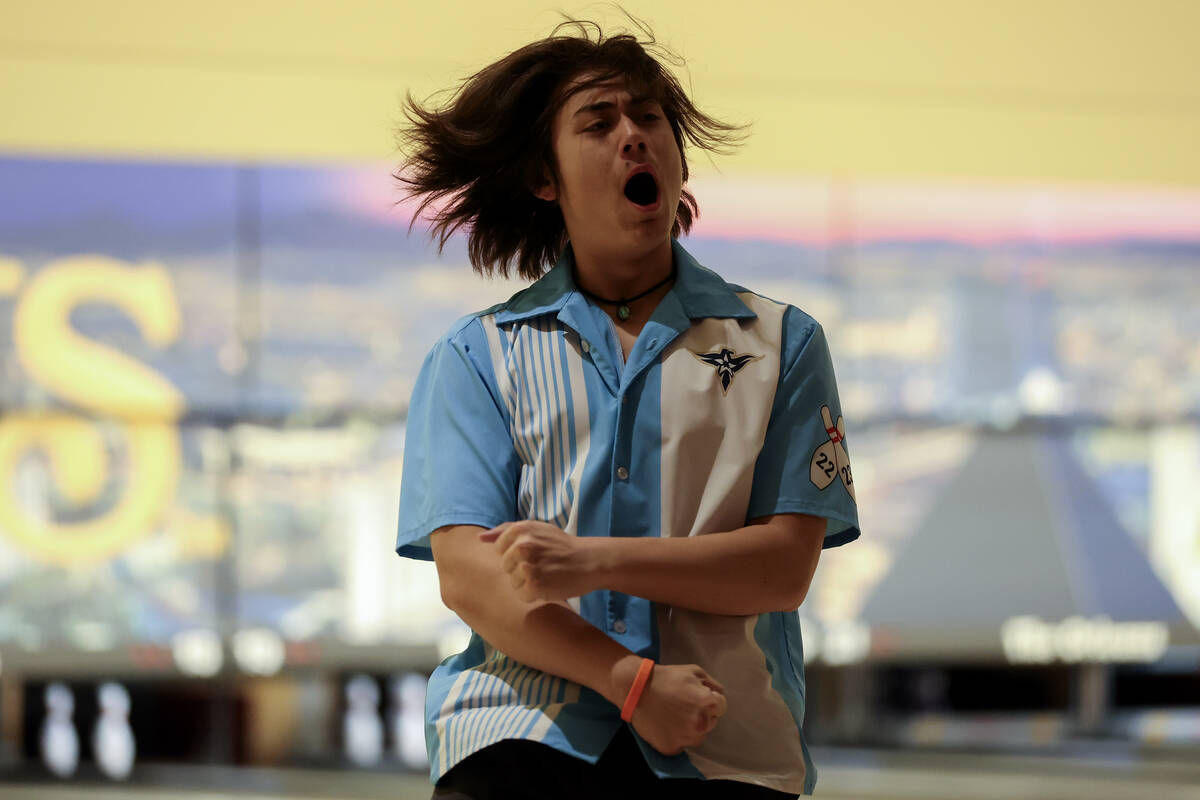 Foothill’s Andrew Thompson celebrates a strike during the Class 4A state bowling champio ...