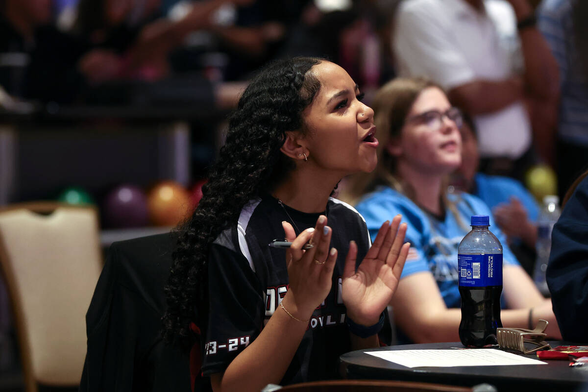 Desert Oasis’ Desirae Hunt cheers for her teammates during the Class 5A state bowling ch ...