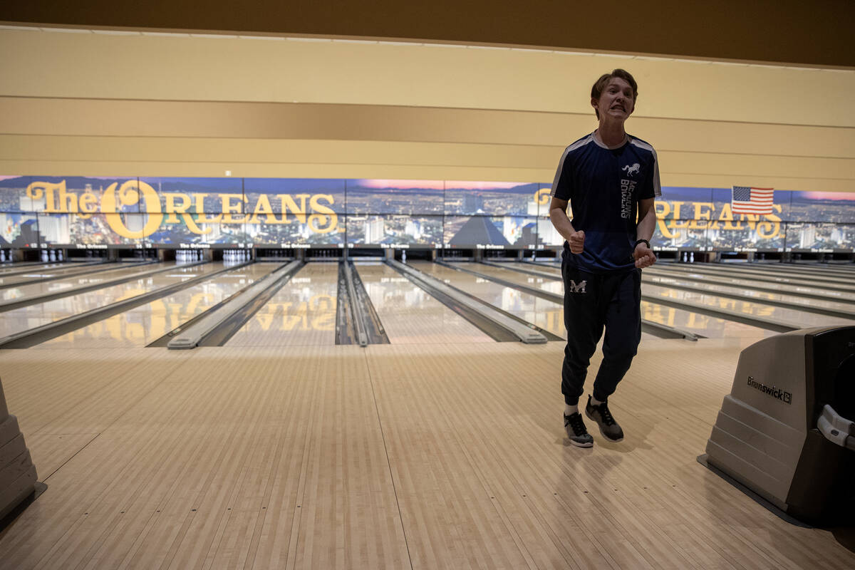 A bowler from The Meadows reacts to his throw during high school state bowling championship aga ...