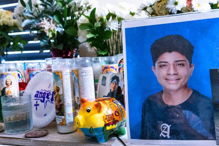 A memorial to Angel Naranjo, is seen at his family home, on Tuesday, Aug. 8, 2023, in Las Vegas ...