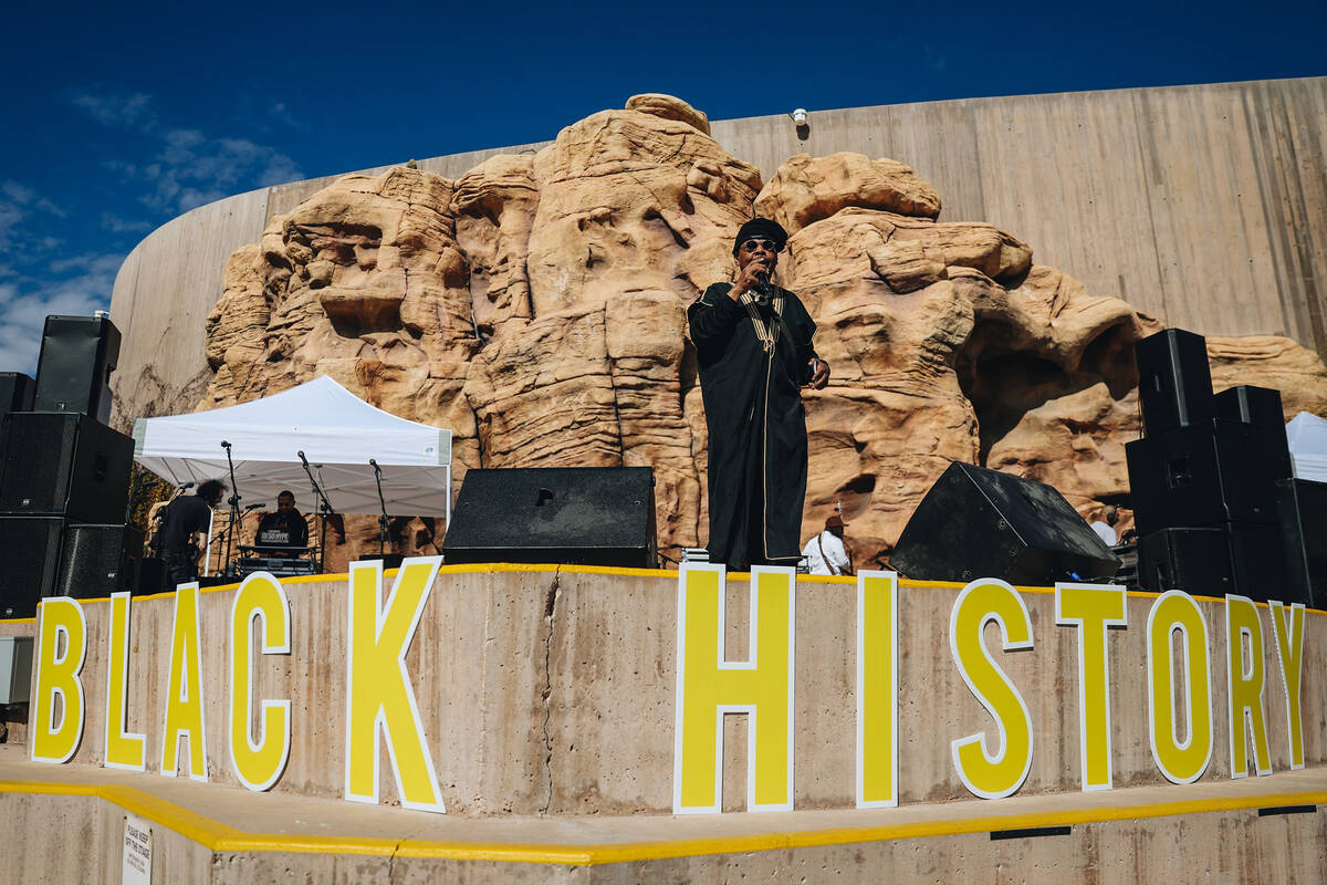 An emcee speaks to a crowd at the Springs Preserve’s 15th annual Black History Month Fes ...