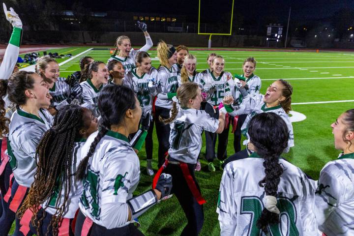 Palo Verde players celebrate their win over Desert Oasis following their Class 5A flag football ...