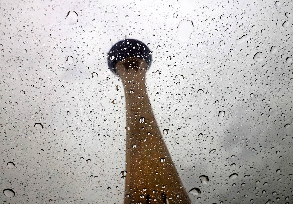 The Strat hotel-casino is seen through raindrops during a rainy morning Tuesday, Feb. 20, 2024, ...