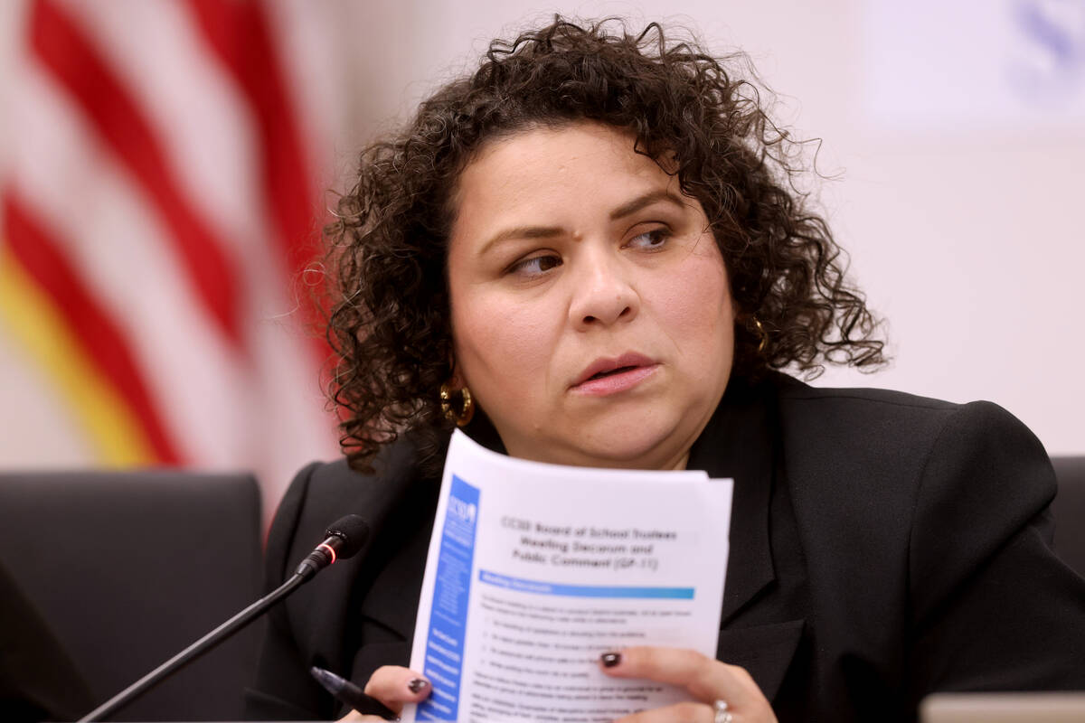 President Evelyn Garcia Morales speaks during a Clark County School Board meeting at the Edward ...