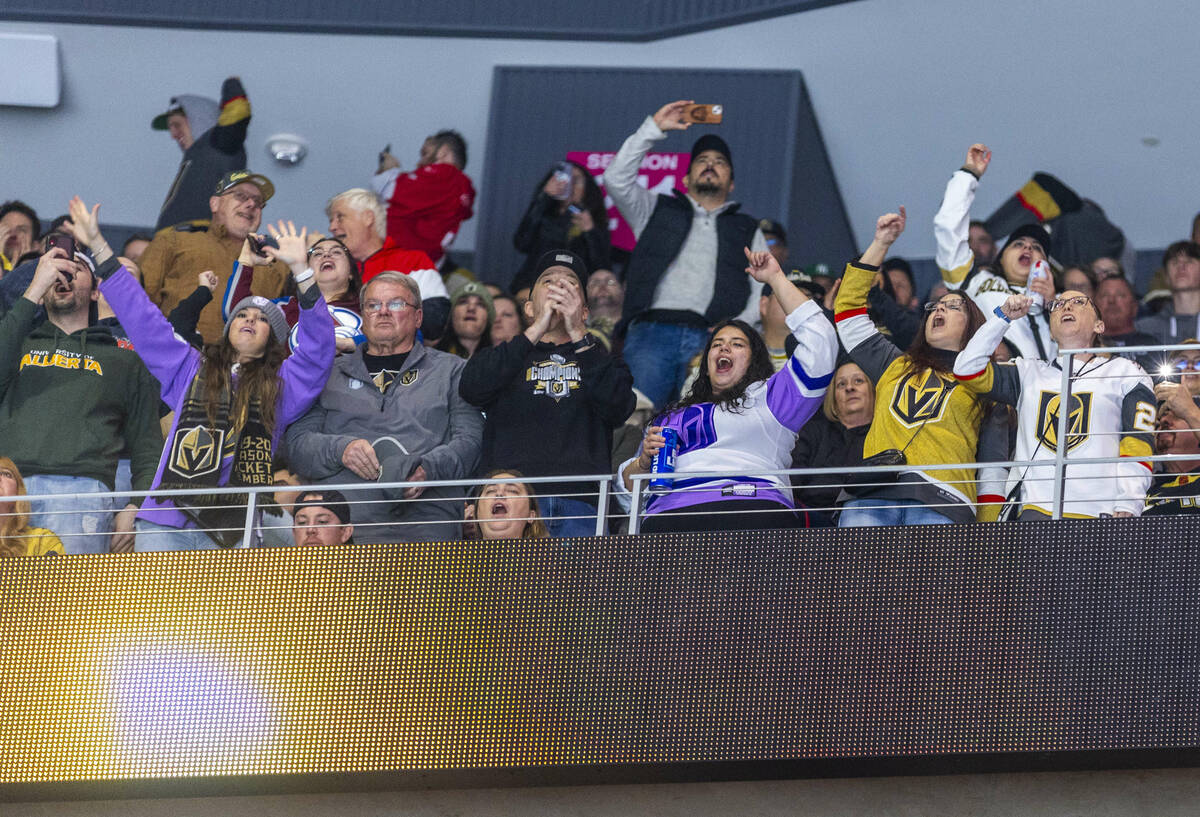 Golden Knights fans celebrate a goal against the Nashville Predators during the third period of ...
