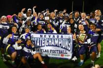 Shadow Ridge poses for photos after winning the Class 5A flag football state championship game ...