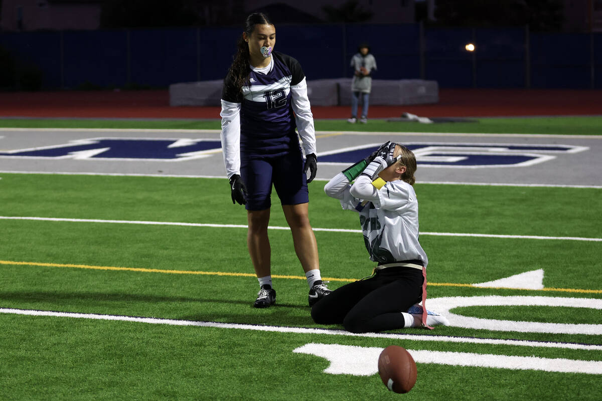 Palo Verde's Samantha Manzo (26) reacts after almost catching an interception intended for Shad ...