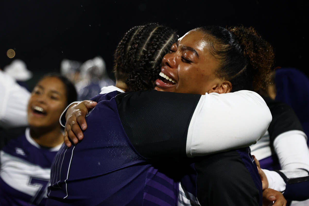 Shadow Ridge's Kyliah Rivera-Kyle (1) weeps while embracing Isabella Turo (10) after they won t ...