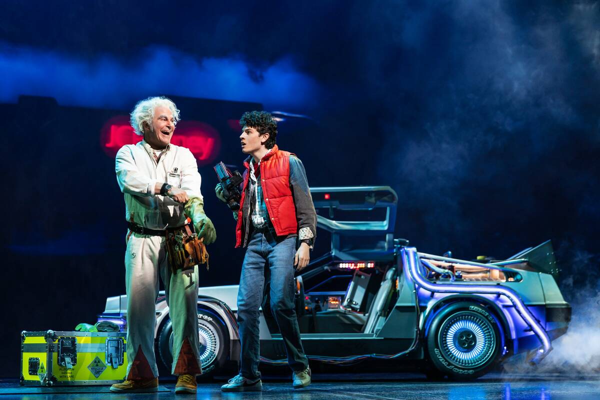 Roger Bart (Doc Brown) and Casey Likes (Marty McFly) in "Back to the Future: The Musical." (Mat ...