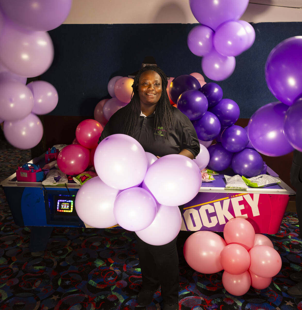 Woman standing in decorations with balloons and confetti for Birthday party  Stock Photo - Alamy