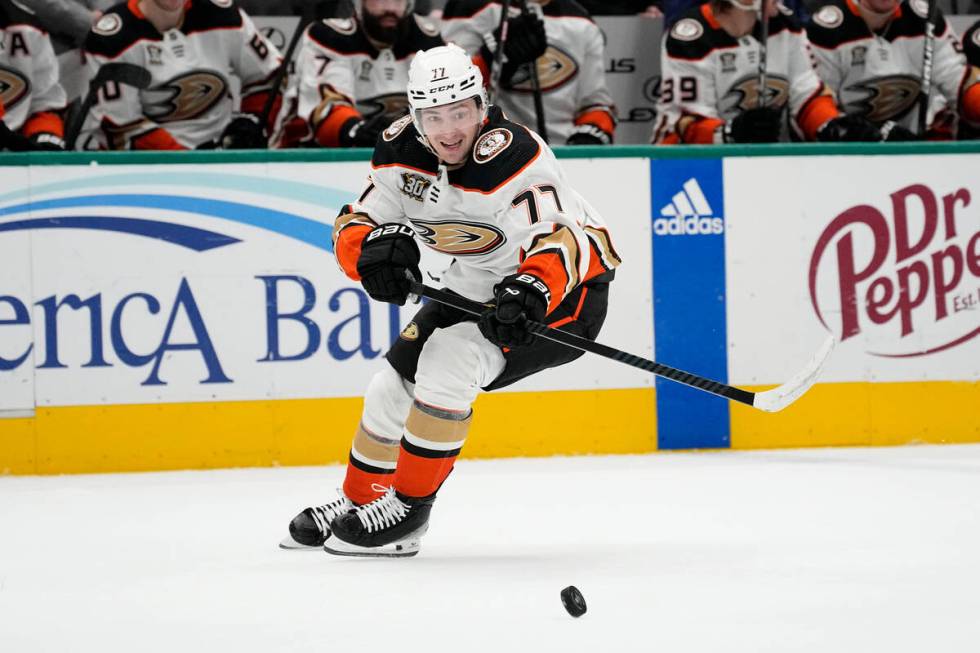 Anaheim Ducks right wing Frank Vatrano skates after the loose puck during an NHL hockey game ag ...