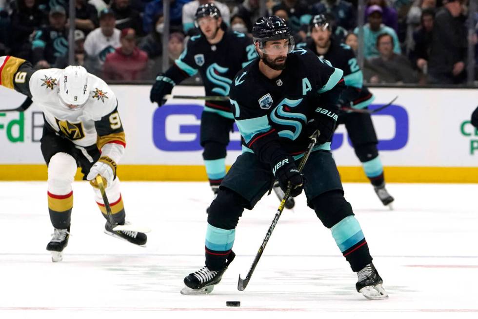 Seattle Kraken's Jordan Eberle lines up a shot against the Vegas Golden Knights during the seco ...