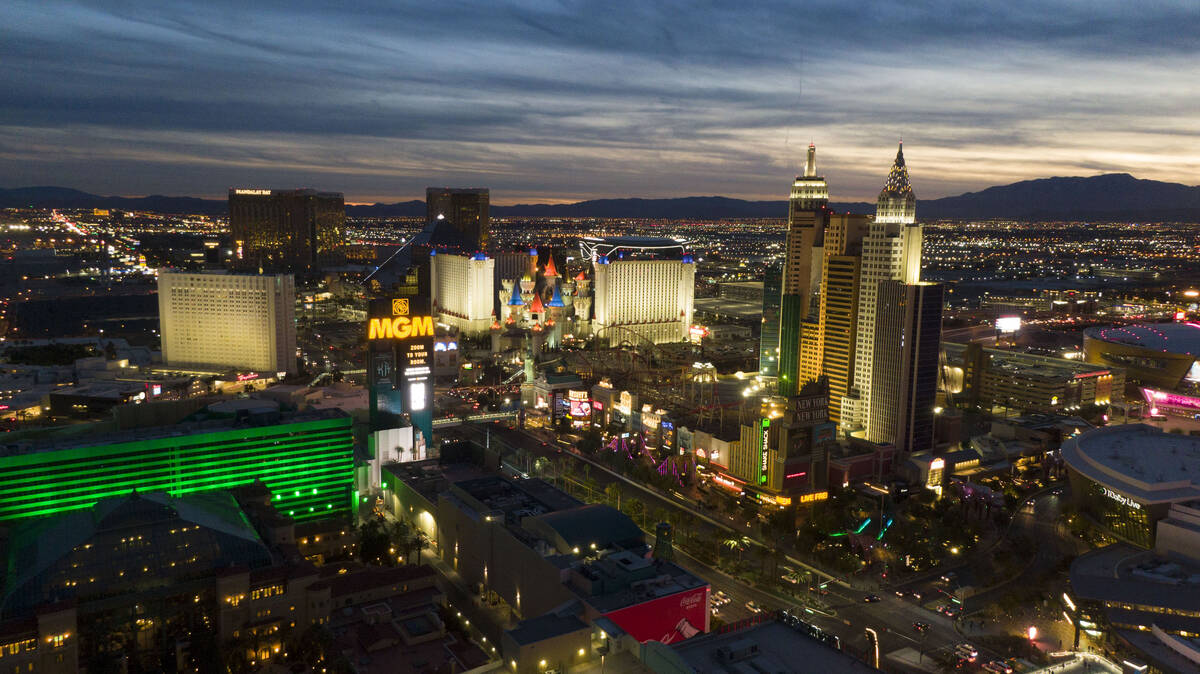 Aerial view of the south Las Vegas Strip at sunset on Wednesday, January 12, 2022. (Las Vegas R ...