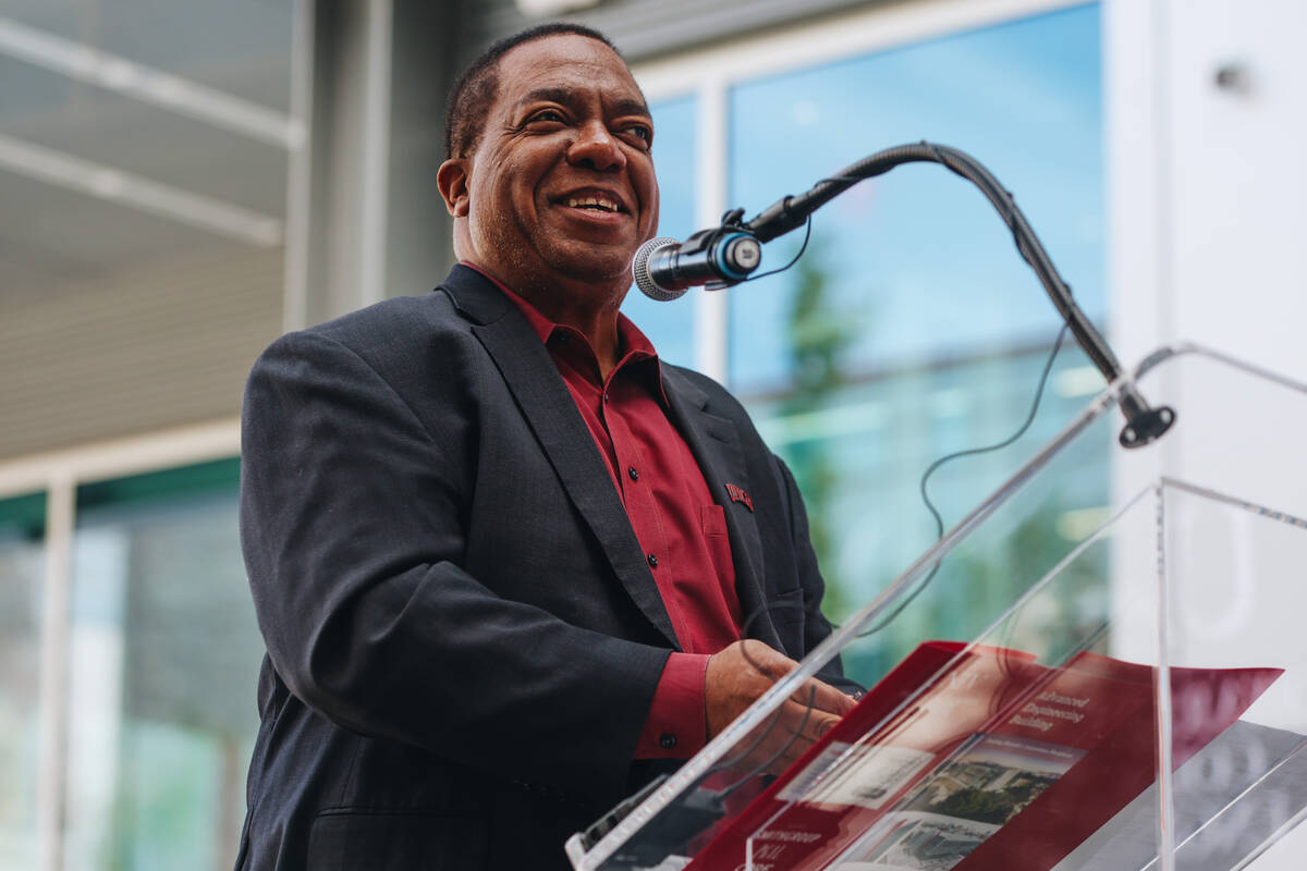 UNLV president Keith Whitfield speaks to a crowd during the debut of the UNLV Advanced Engineer ...