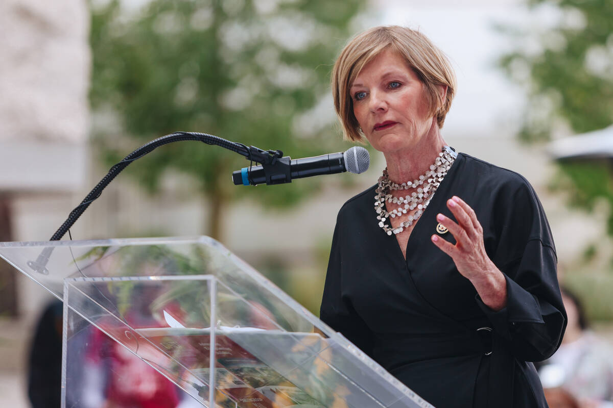 Rep. Susie Lee, D-Nev., speaks to a crowd during the during the debut of the UNLV Advanced Engi ...