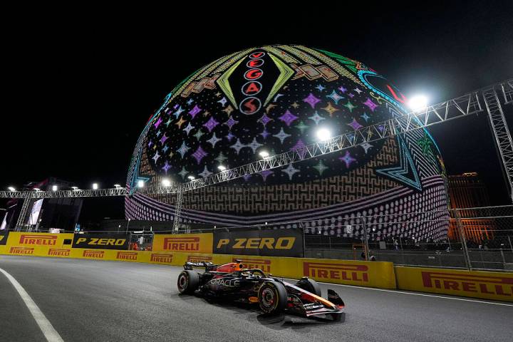 Red Bull driver Max Verstappen, of the Netherlands, drives past the Sphere during the Formula O ...