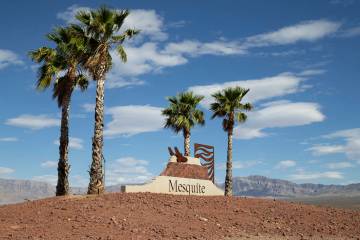 A roundabout features a city sign on Wednesday, June 2, 2021, in Mesquite, a city in northeast ...