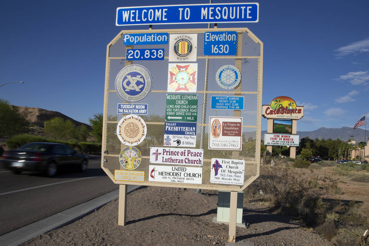 A sign welcomes traffic into Mesquite, a city in northeast Clark County, on Wednesday, June 2, ...