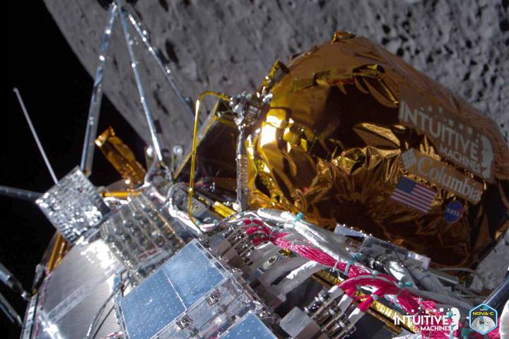 This image provided by Intuitive Machines shows its Odysseus lunar lander over the near side of ...