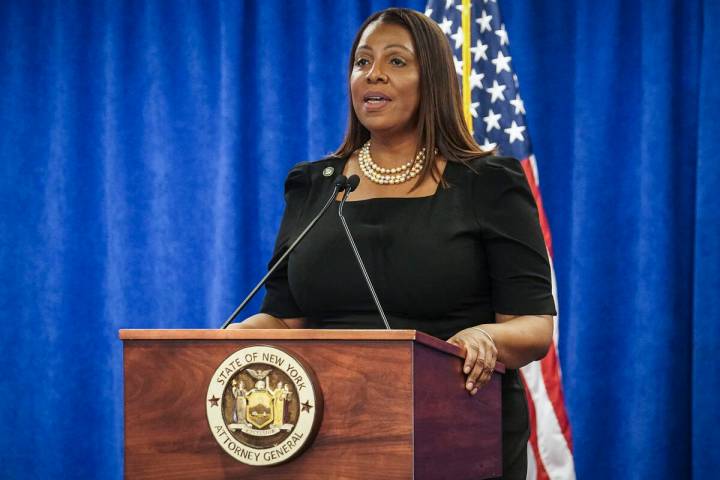 New York Attorney General Letitia James speaks during a press briefing, Friday, Feb. 16, 2024, ...