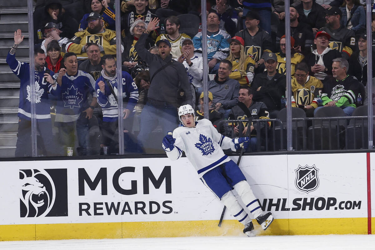 Toronto Maple Leafs right wing Pontus Holmberg (29) celebrates after scoring a goal against the ...