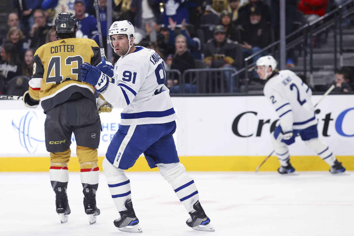 Toronto Maple Leafs center John Tavares (91) reacts after scoring a goal against the Vegas Gold ...