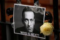 FILE - A flower and a picture are left as a tribute to Russian politician Alexei Navalny, near ...