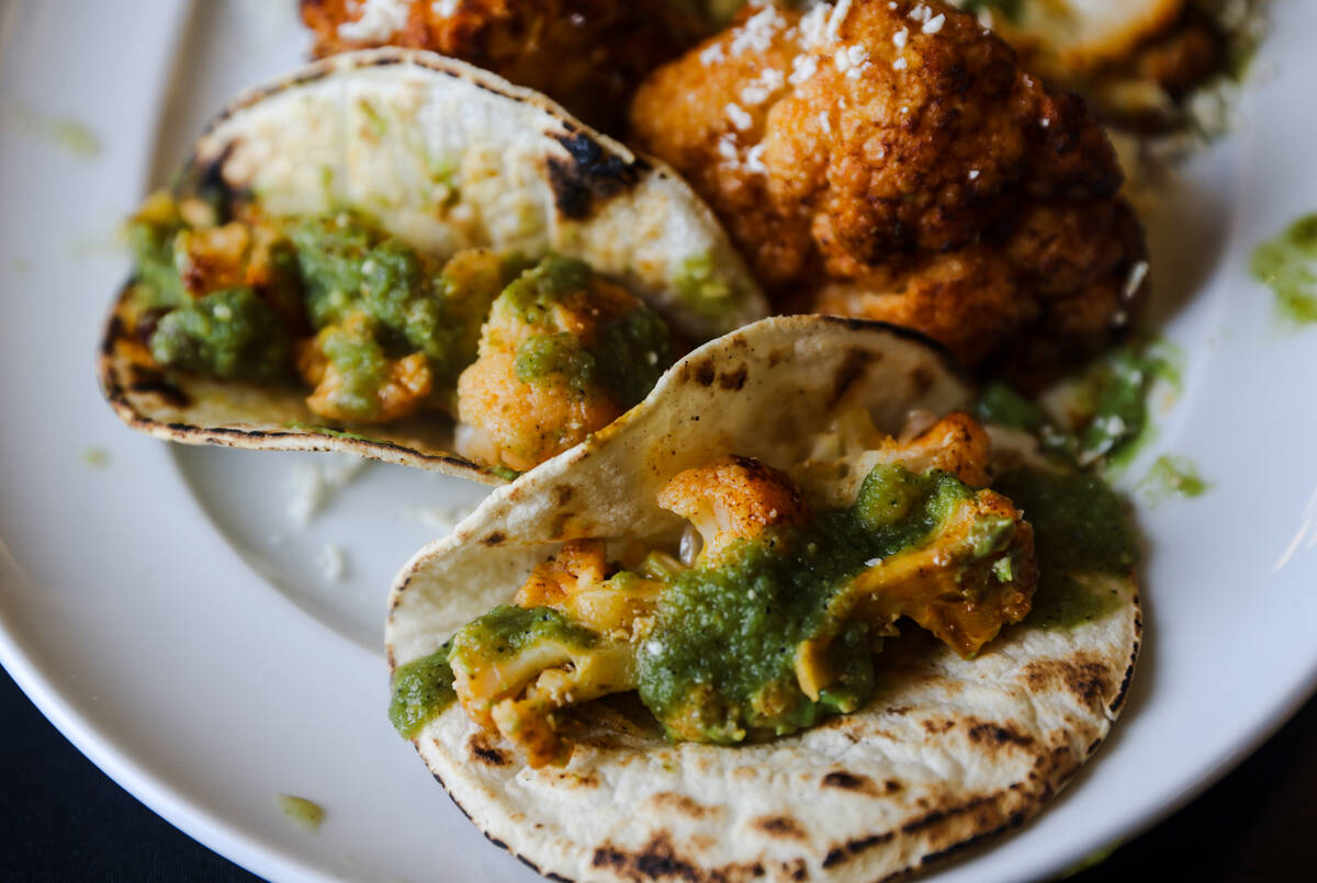 The chili roasted cauliflower that comes with corn tortillas and tomatillo salsa from Emmitt’ ...
