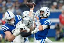 Indianapolis Colts quarterback Gardner Minshew (10) throws a pass during the second half of an ...