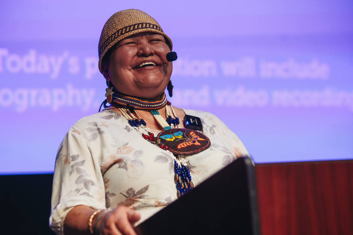 Melanie Smokey, a guest speaker, speaks to a crowd during a presentation called “Water i ...