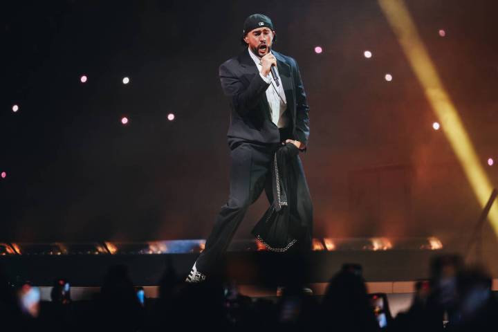 Bad Bunny performs during his Most Wanted Tour at T-Mobile Arena on Friday, Feb. 23, 2024, in L ...